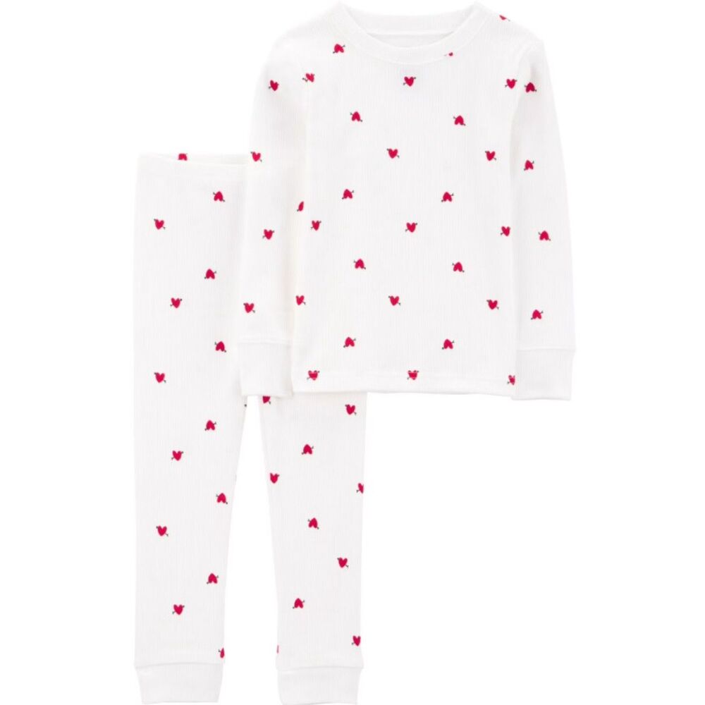 NWT Girl Sz 3 Toddler Red Heart Print Ribbed Cotton 2 Pc Snug Fitting Pajama Set